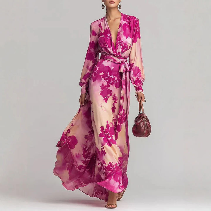 Back view of floral chiffon maxi dress with wrap bodice