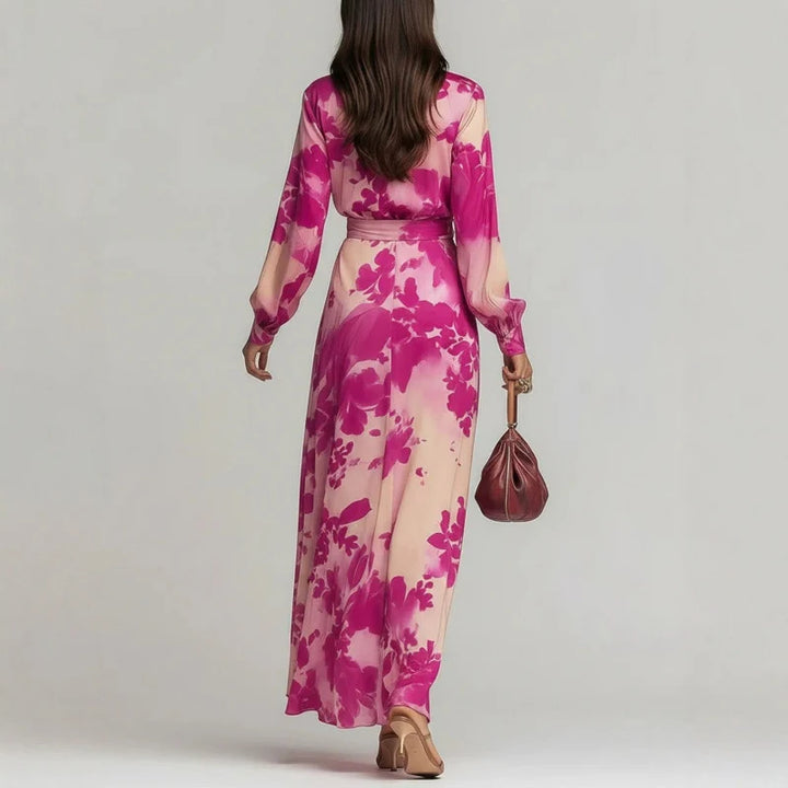 Full-length view of floral chiffon maxi dress showing floor-sweeping hem