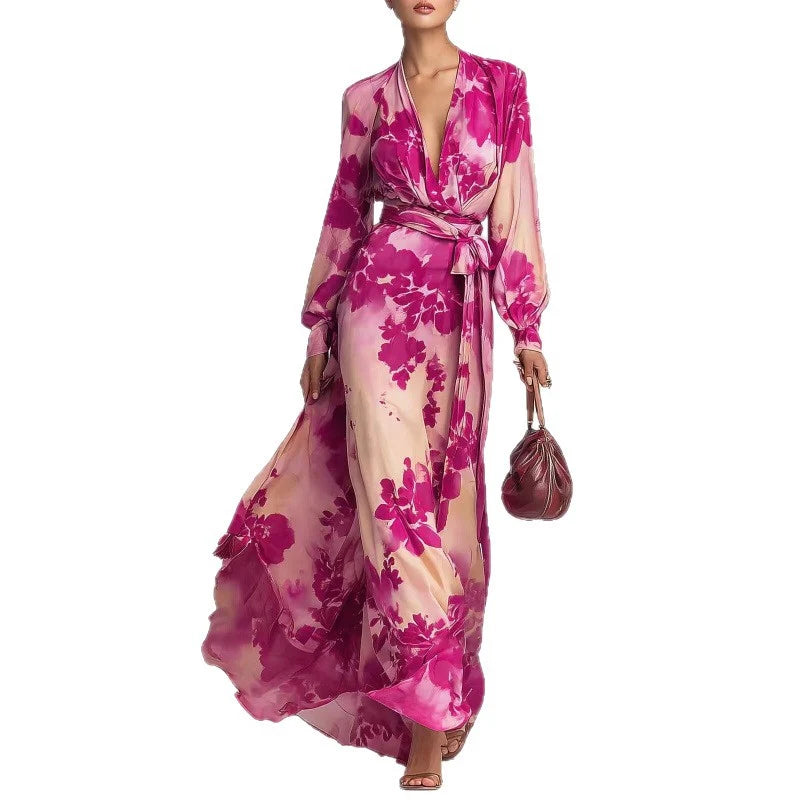 Model wearing floral chiffon maxi dress with tie waist cinched