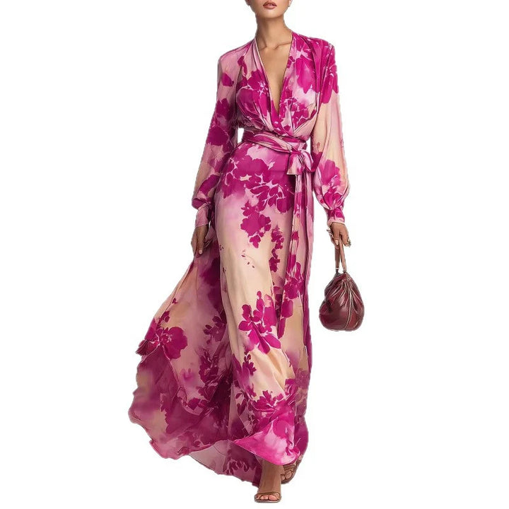 Model wearing floral chiffon maxi dress with tie waist cinched