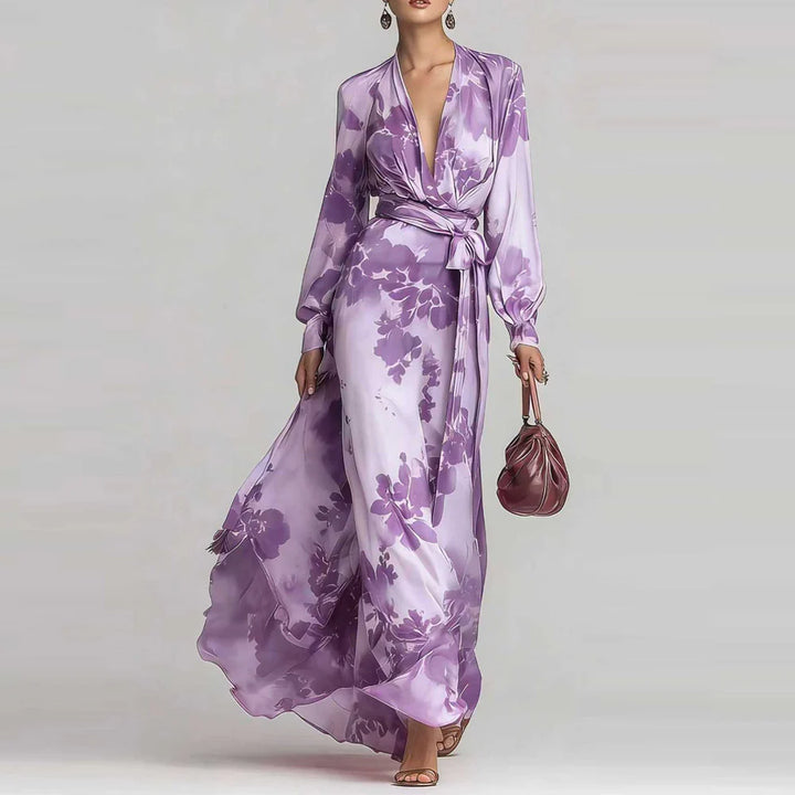 Floral chiffon maxi dress styled for wedding guest occasion