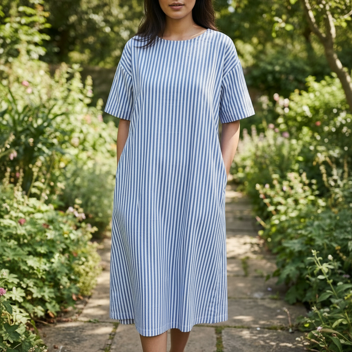 Selina | Striped Cotton Midi Dress Blue