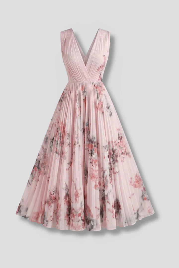 Women's Sleeveless Dress with V-Neck and Pleated Skirt in soft pink with delicate floral print and flared midi-length skirt