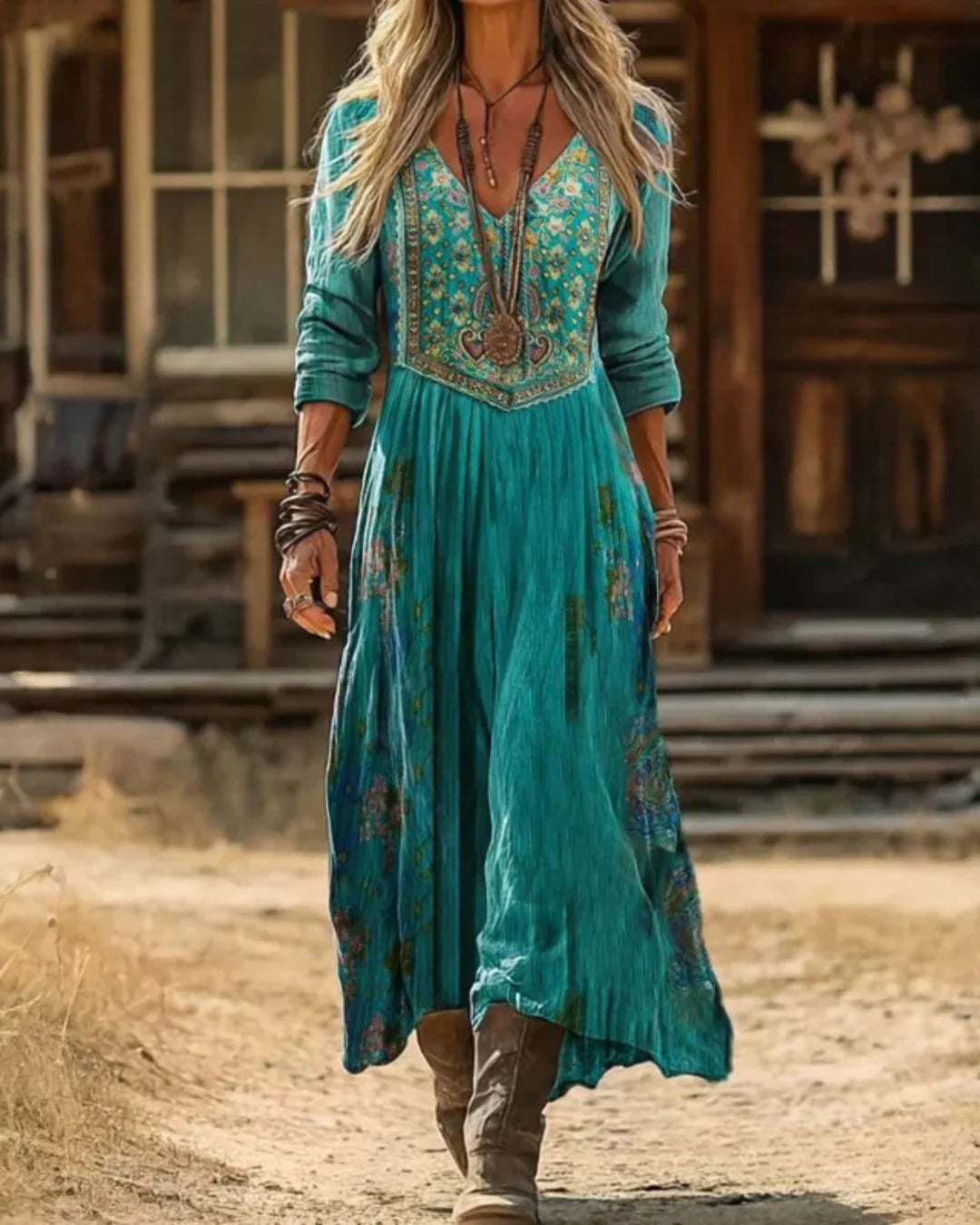 Harper Women's Embroidered V Neck Maxi Dress in teal with bohemian detailing and flowing skirt