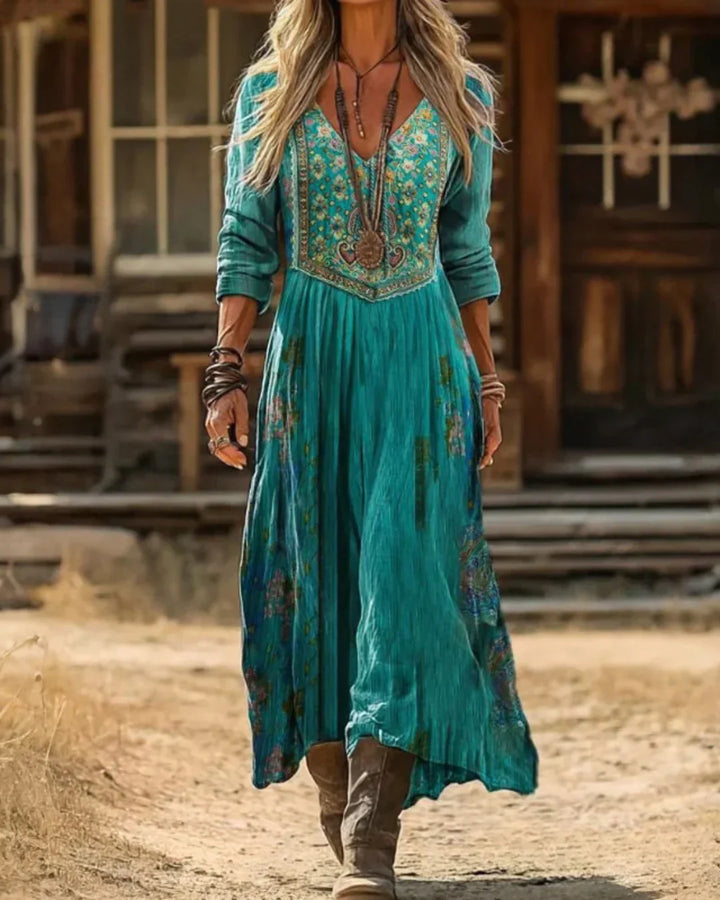 Harper Women's Embroidered V Neck Maxi Dress in teal with bohemian detailing and flowing skirt