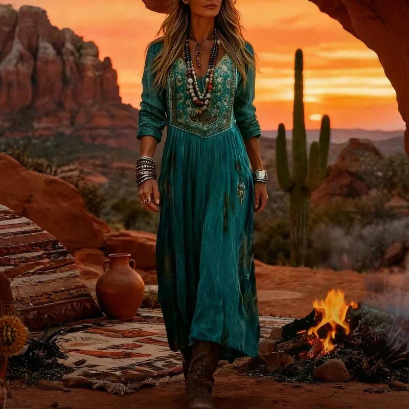 Full-length view of Women's Embroidered V Neck Maxi Dress styled with boots