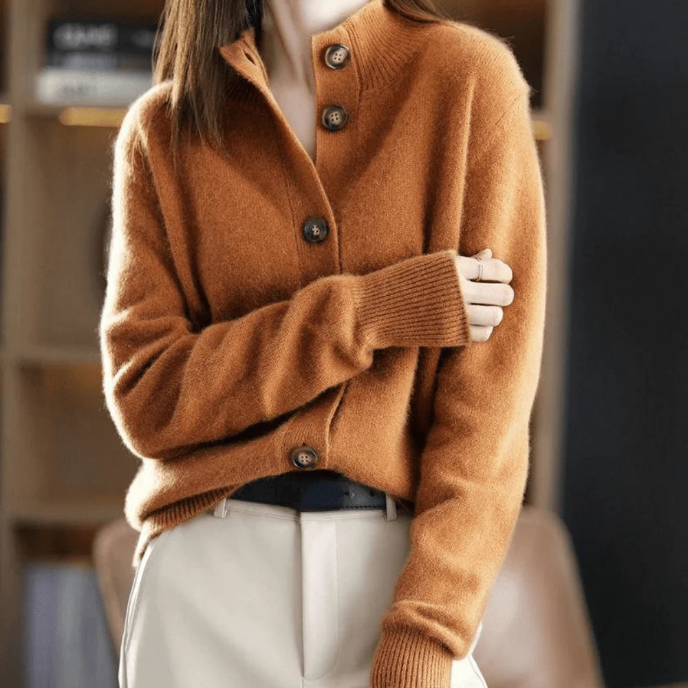 Harper women's knit cardigan with flowing fit in camel brown featuring button-front closure and ribbed cuffs