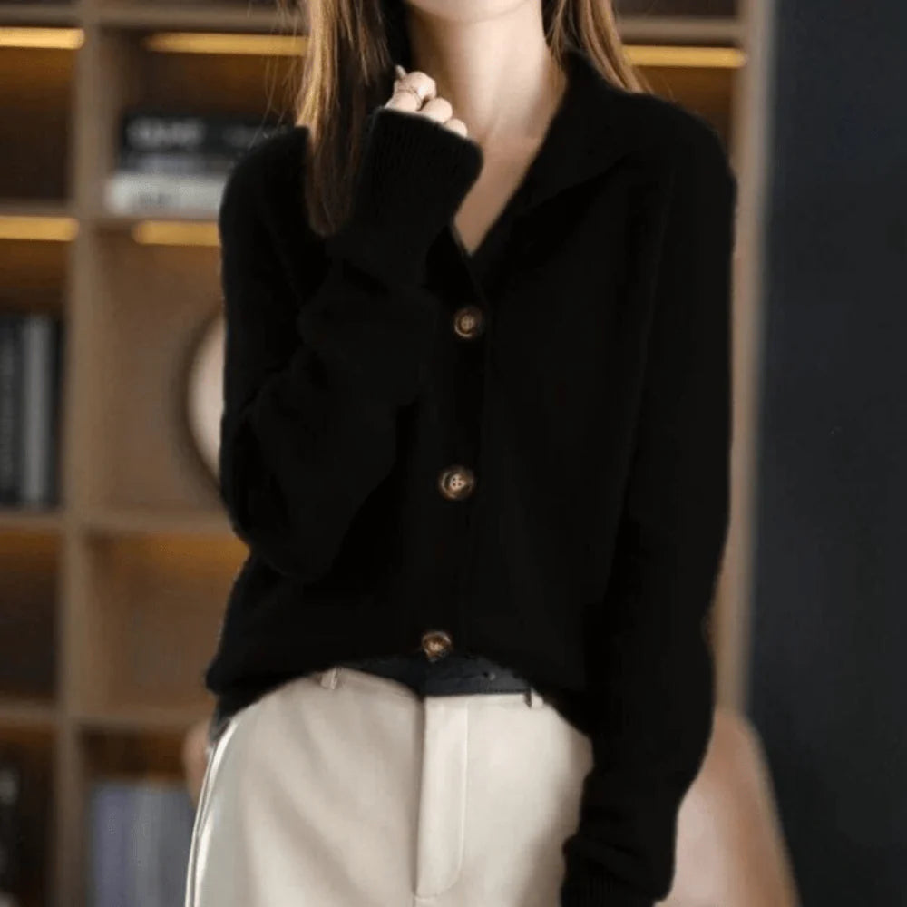 Women's knit cardigan in camel brown with relaxed silhouette and mid-hip length design