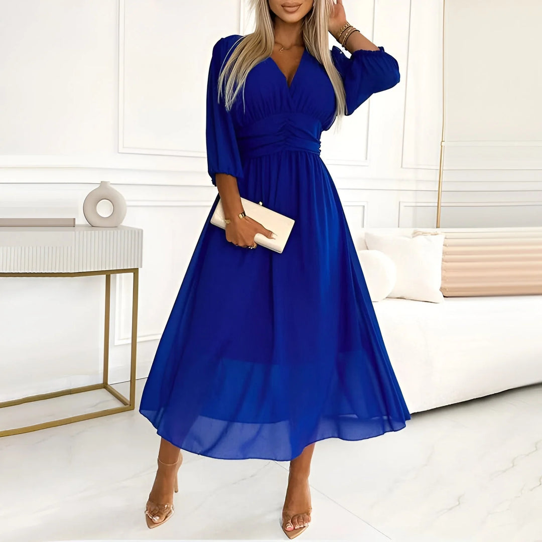 Harper Women's V-Neck A-Line Midi Dress in royal blue with ruched waist and 3/4 sleeves