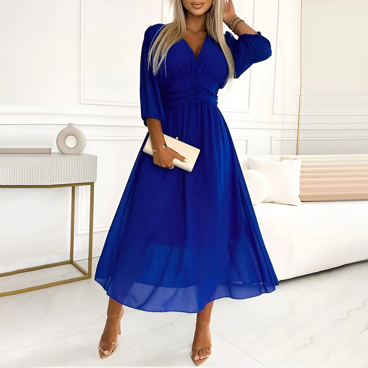 Harper Women's V-Neck A-Line Midi Dress in royal blue with ruched waist and 3/4 sleeves
