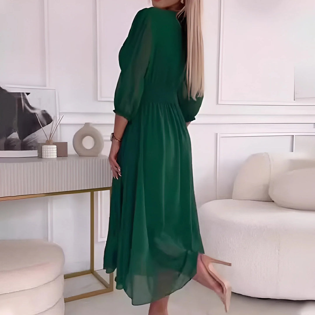 Full-length view of Women's V-Neck A-Line Midi Dress styled with heels