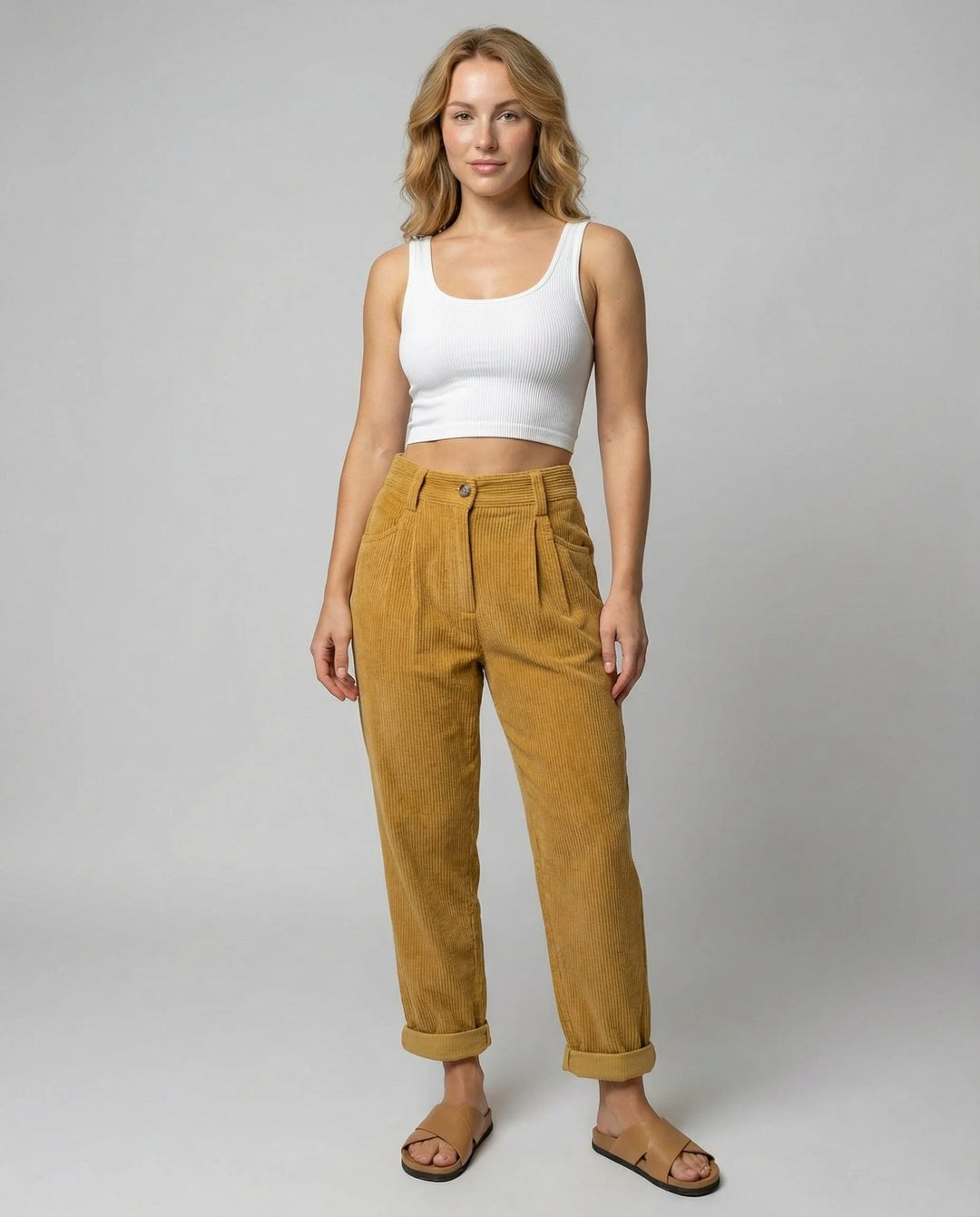Elastic waist corduroy trousers in mustard yellow with high-rise fit and relaxed straight-leg silhouette for women