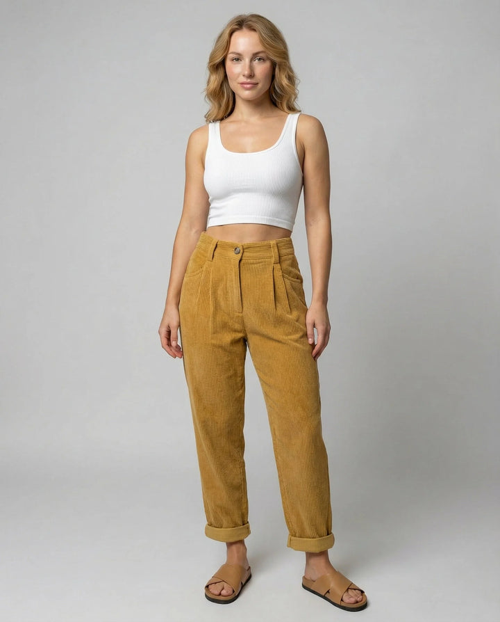 Elastic waist corduroy trousers in mustard yellow with high-rise fit and relaxed straight-leg silhouette for women