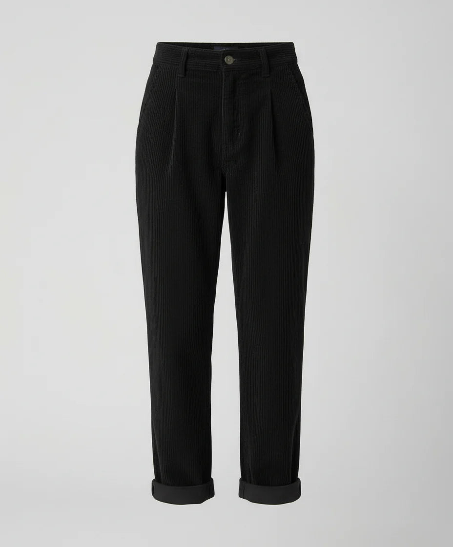 Full outfit view of elastic waist corduroy trousers for everyday casual wear