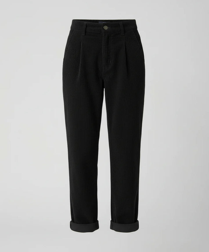 Full outfit view of elastic waist corduroy trousers for everyday casual wear