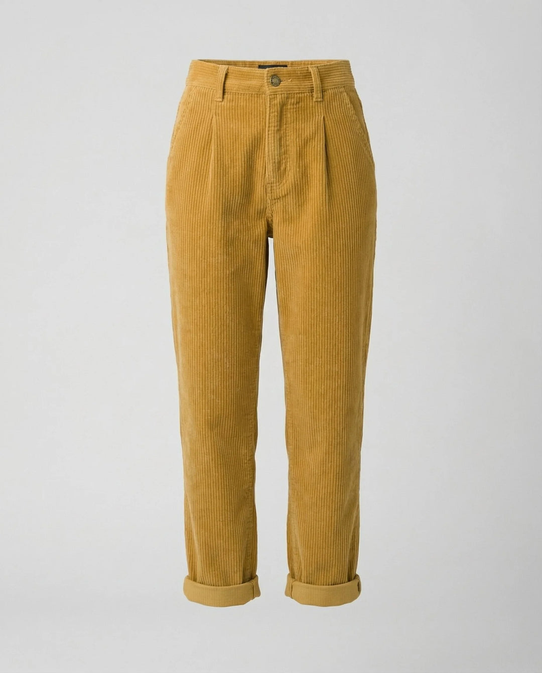 Side view of high-rise corduroy trousers with functional pockets and ribbed texture