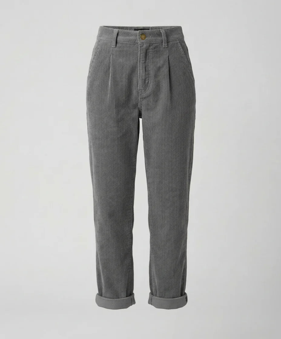 Back view of elastic waist corduroy trousers showing straight-leg cut and fit