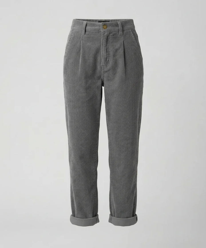 Back view of elastic waist corduroy trousers showing straight-leg cut and fit