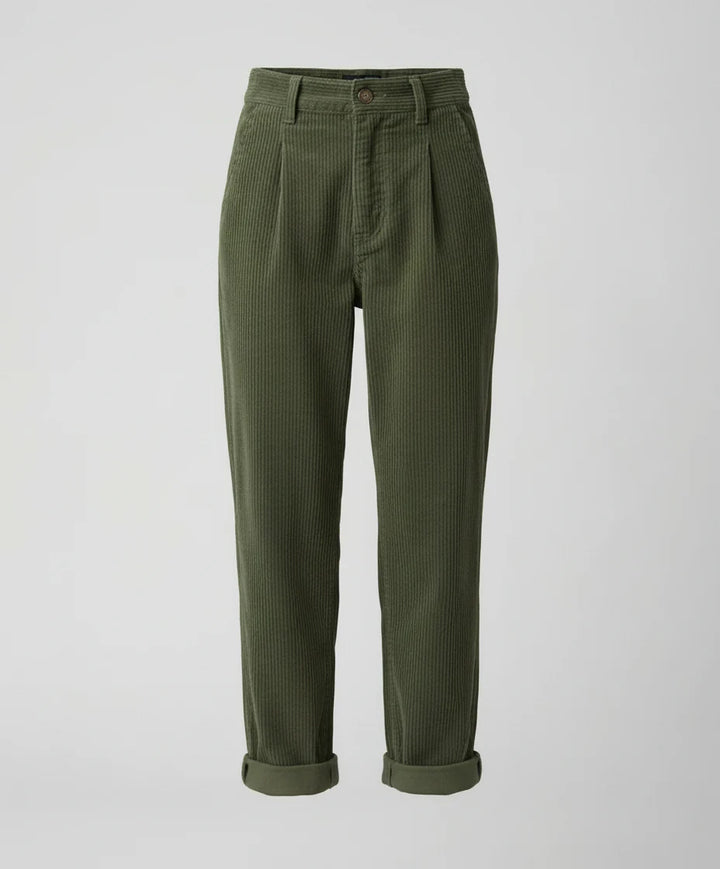 Close-up of button-tab closure and high-rise waistband on corduroy trousers