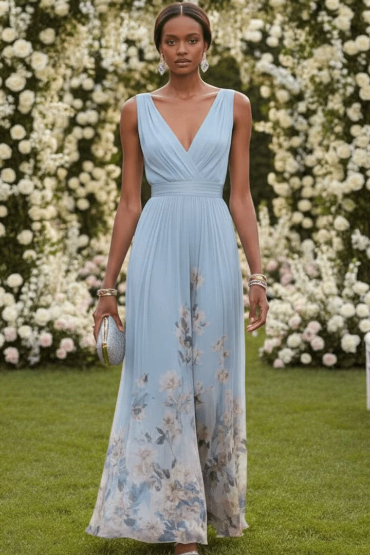 Women's Floral Chiffon V-Neck Maxi Evening Gown in light blue with watercolour floral hem print and gathered empire waist