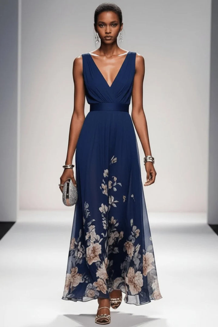Garden party styling of floral chiffon V-neck maxi gown with lightweight drape