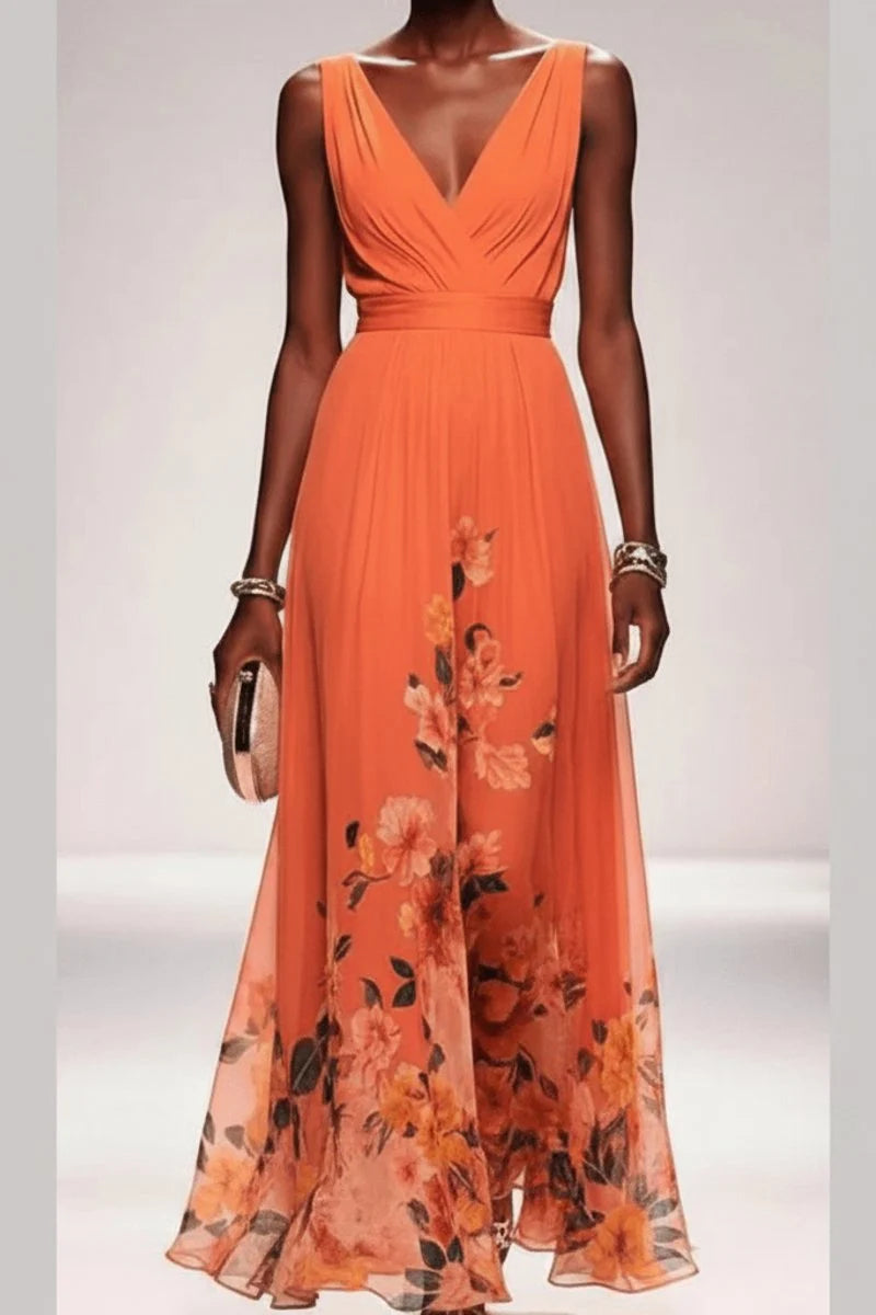 Detail shot of watercolour floral pattern transitioning across hem of maxi evening gown