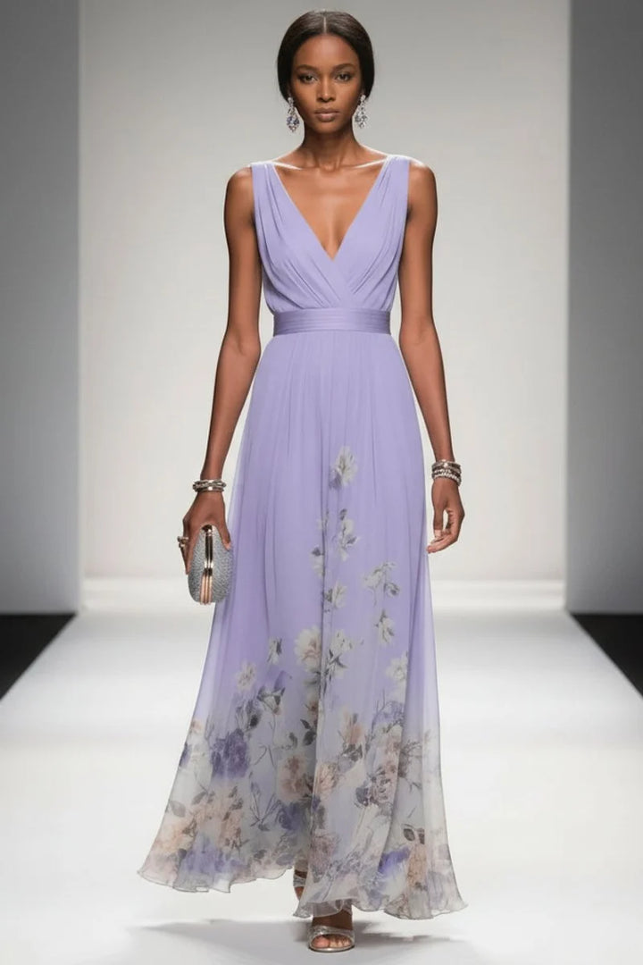Women's Floral Chiffon V-Neck Maxi Evening Gown styled for cocktail dinner with elegant accessories