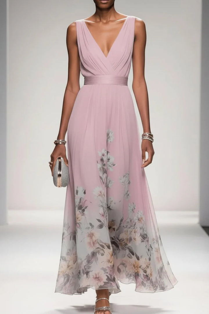 Full-length floral maxi gown with gathered empire waist and deep V-neckline for formal events