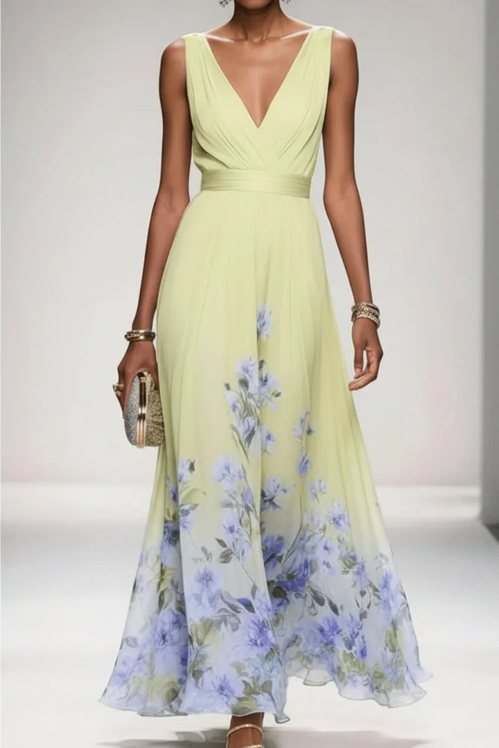 Women's V-neck maxi gown with romantic floral hem print for weddings and special occasions