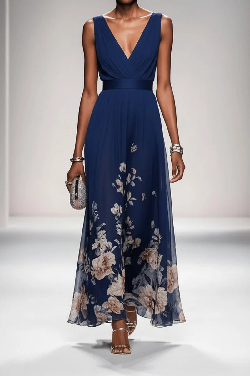 Close-up of lightweight chiffon fabric drape and watercolour floral detail on evening gown