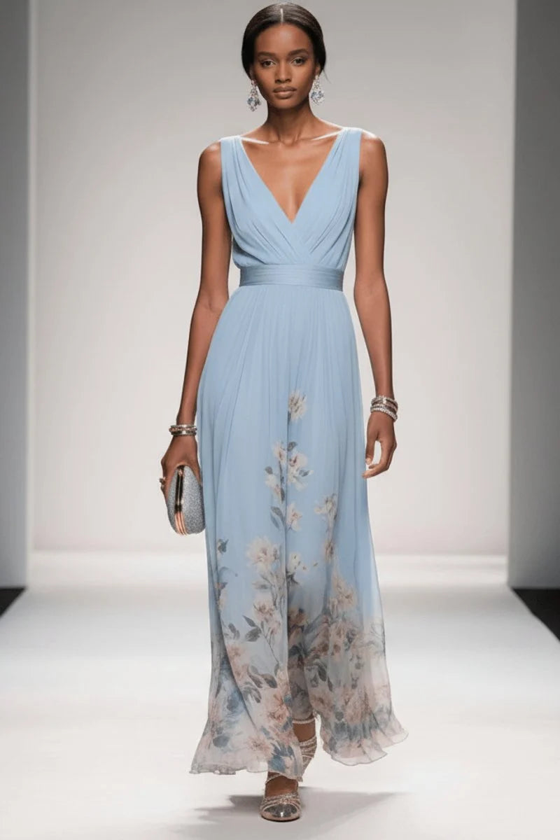 Front view of floral chiffon maxi gown showing deep V-neckline and flowing A-line silhouette for weddings
