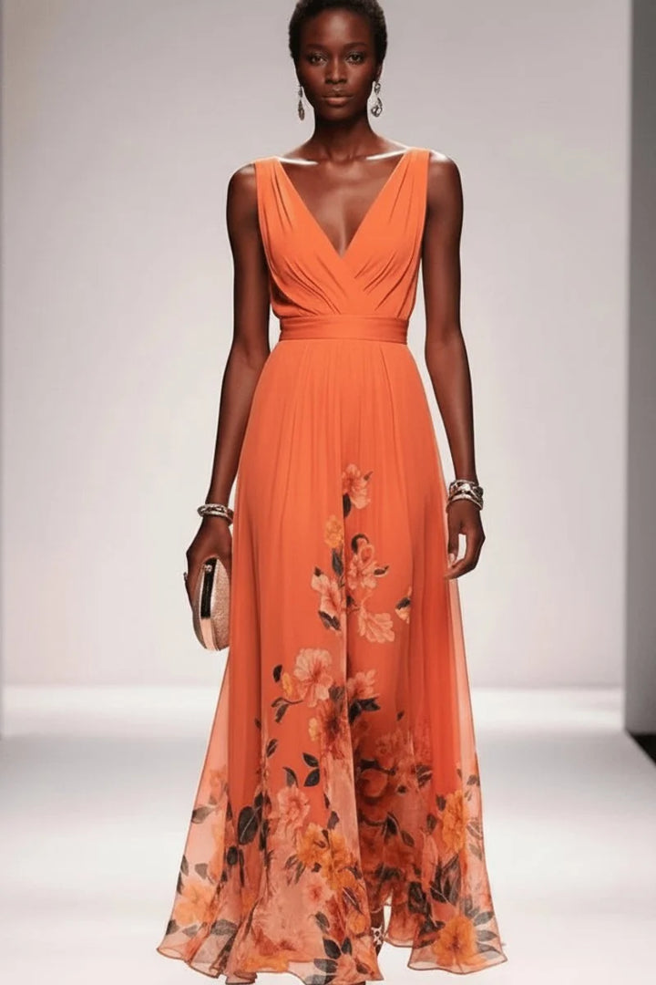Full-length view of floral chiffon maxi evening gown with gathered waist and romantic hem detail