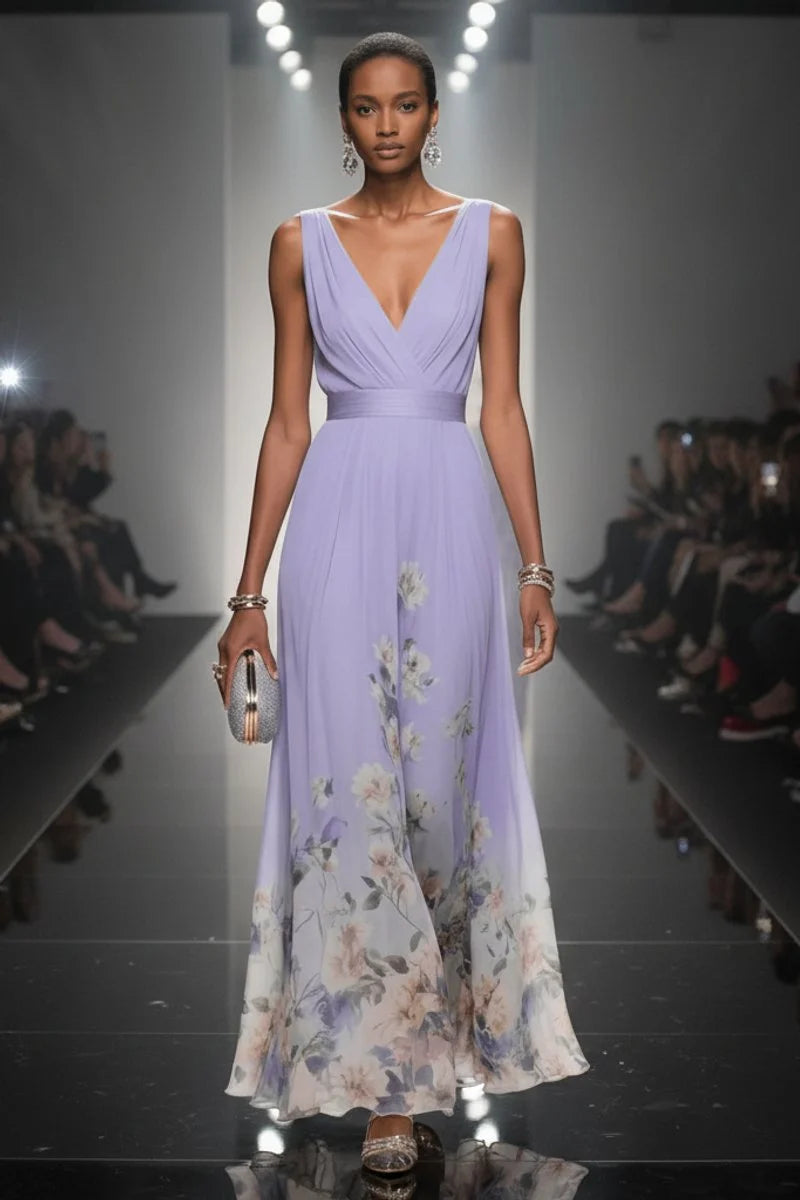 Women's V-neck maxi gown in light blue chiffon styled for formal wedding guest occasions