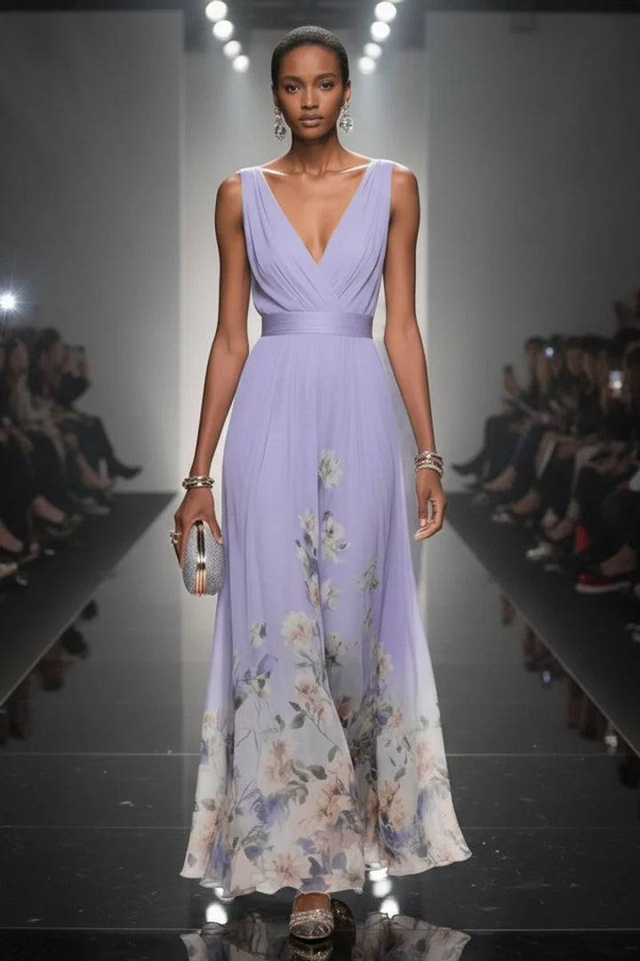 Women's V-neck maxi gown in light blue chiffon styled for formal wedding guest occasions