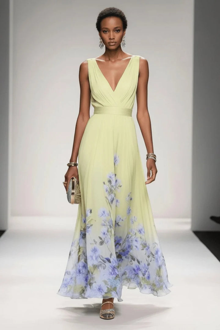 Women's sleeveless evening gown with floral hem print and flattering V-neck design