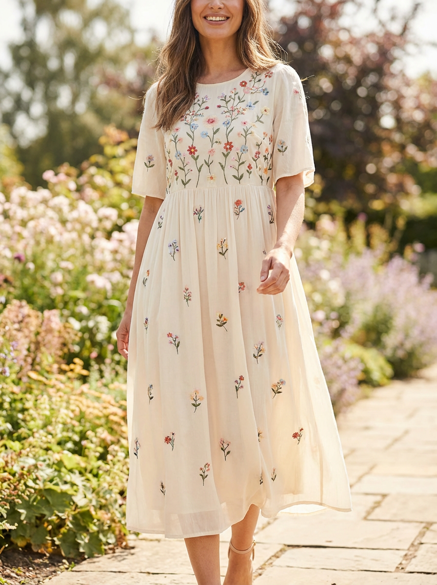 Elowen | Embroidered Floral Midi Dress