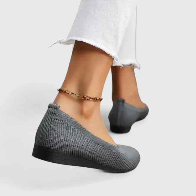 Women's orthopedic slip-on comfort shoes styled with jeans demonstrating everyday casual footwear option