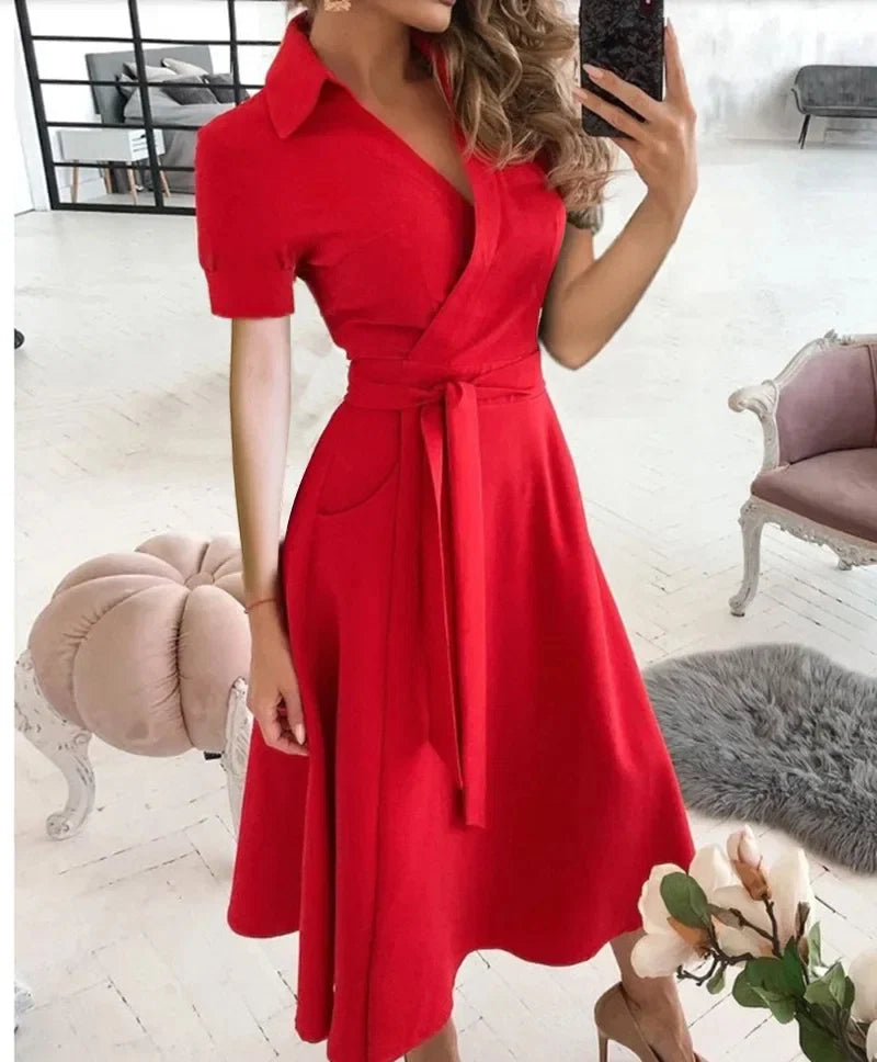 Women's Tie Waist A-Line Midi Dress in vibrant red with V-neckline, short sleeves, and self-tie waist belt