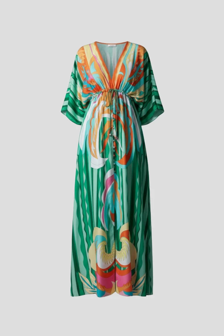 Layla Bohemian Resort Maxi Dress For Women with vibrant green and orange swirl print and deep V-neckline