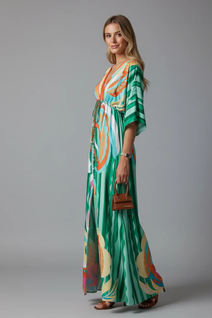 Lightweight maxi dress with V-neckline and vibrant turquoise and green swirl pattern