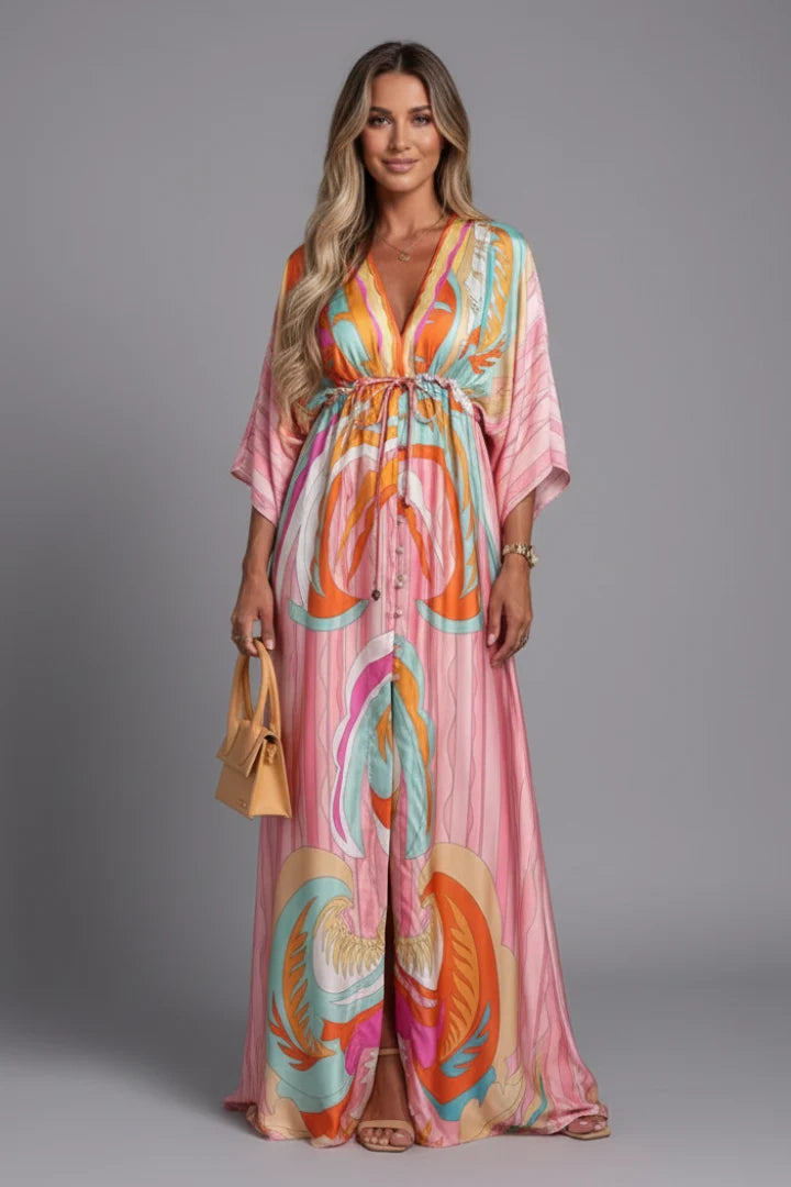 Women's bohemian maxi dress in artistic print perfect for beachside events