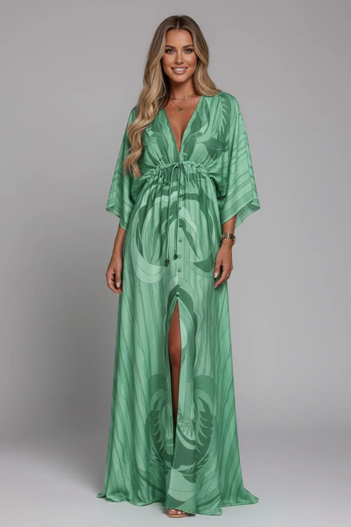 Summer maxi dress with deep V-neckline and adjustable waist tie