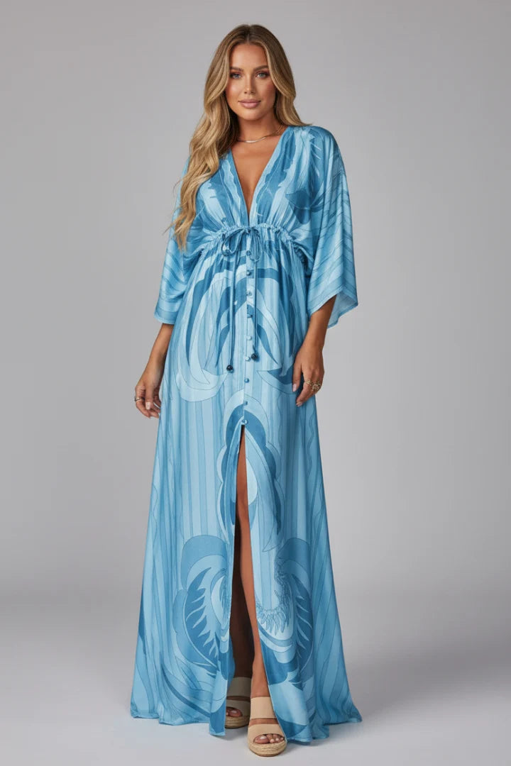 Vibrant printed maxi dress with flowing silhouette and kimono-style sleeves