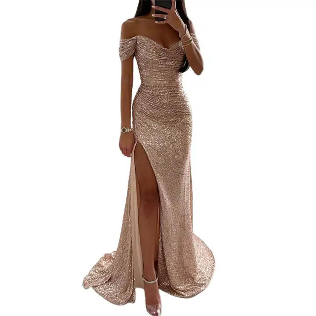 Sequin evening wedding guest dress with off-shoulder sweetheart neckline and high slit in champagne gold tone