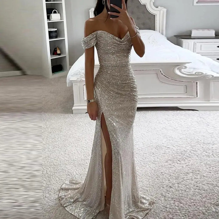 Sequin evening wedding guest dress featuring all-over sparkle and elegant off-shoulder sweetheart design