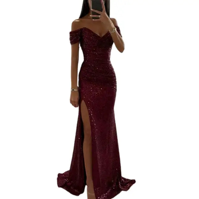 Floor-length sequin evening dress featuring all-over embellishment and figure-enhancing silhouette for formal occasions