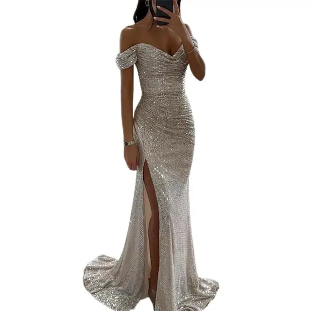 Off-shoulder sequin wedding guest dress with dramatic high slit and sweetheart neckline detail