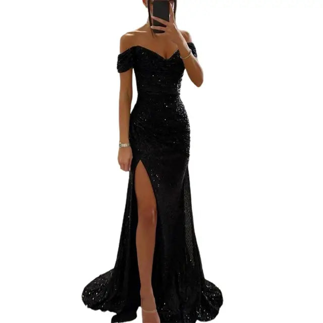 Champagne sequin evening gown with structured bodice and flowing floor-length skirt for special events