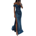 Sequin evening wedding guest dress showcasing off-shoulder design and elegant thigh-high slit