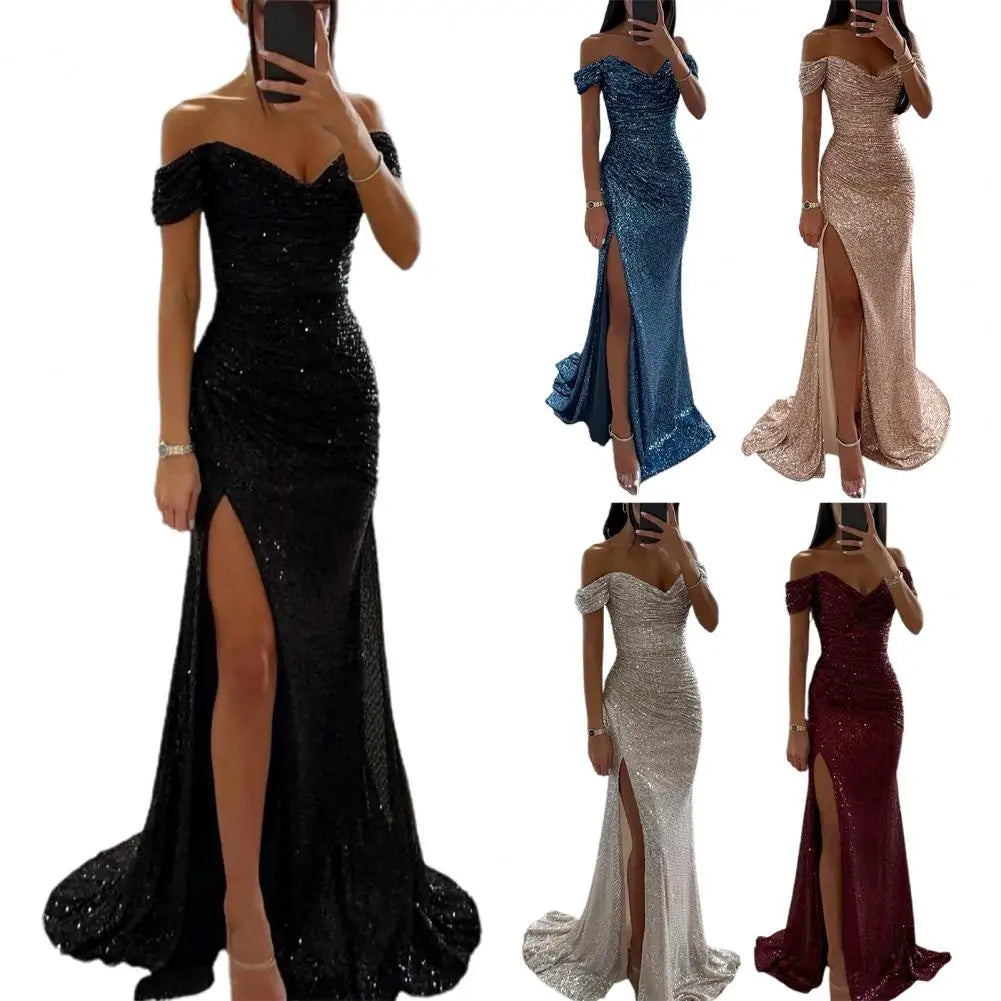 Floor-length formal sequin dress with sweetheart neckline and shimmering embellishment throughout